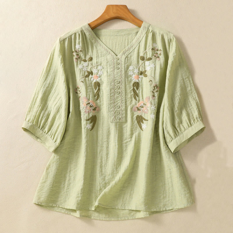 Camisa de algodón con cuello en V para mujer con bordado de flores, hojas y Buddha Stones - Verde claro - US14，UK/AU18，EU46 (2XL) - image 11
