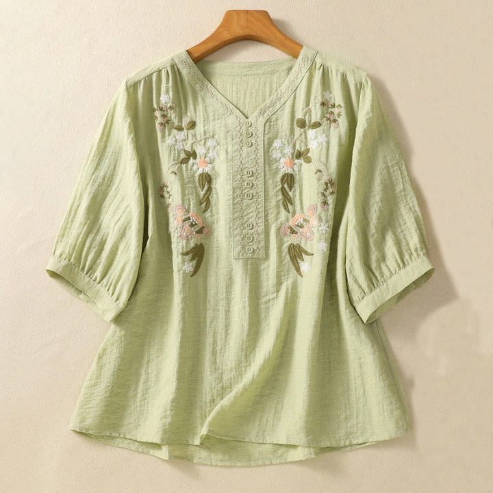 Camisa de algodón con cuello en V para mujer con bordado de flores, hojas y Buddha Stones - Verde claro - US14，UK/AU18，EU46 (2XL) - image 11