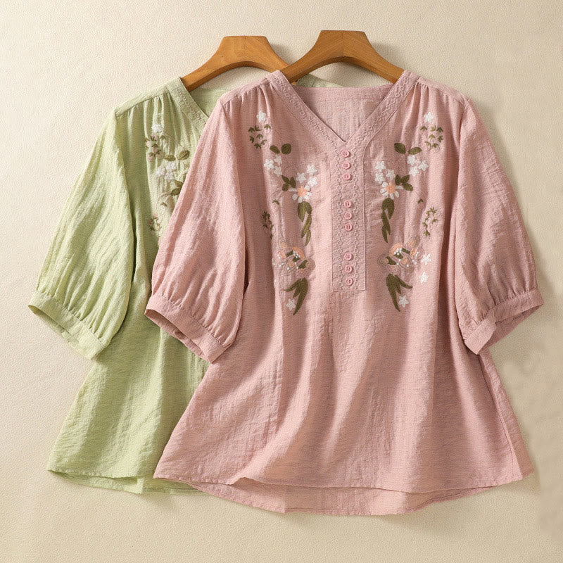 Camisa de algodón con cuello en V para mujer con bordado de flores, hojas y Buddha Stones - image 20