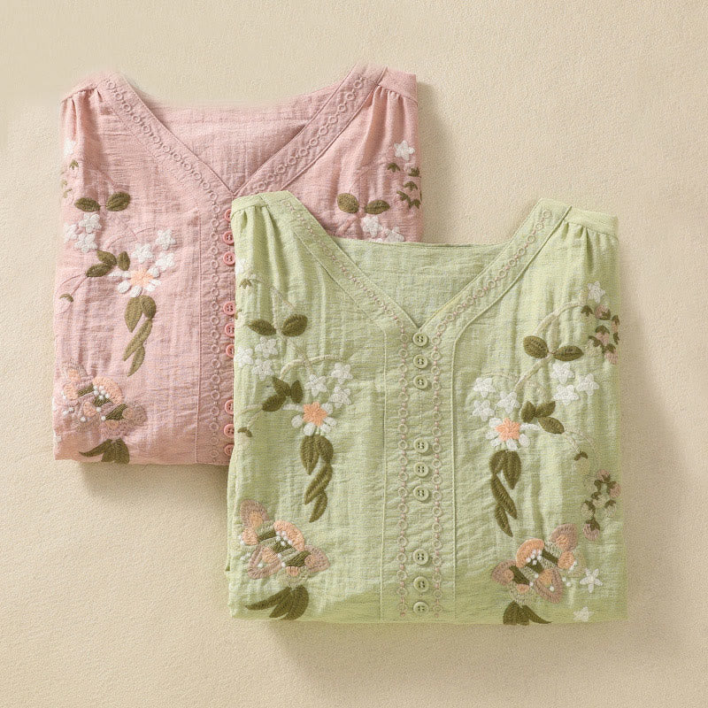Camisa de algodón con cuello en V para mujer con bordado de flores, hojas y Buddha Stones - image 21