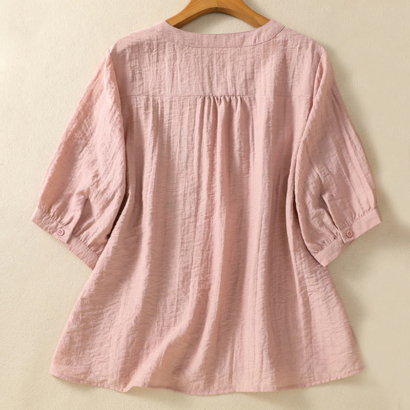 Camisa de algodón con cuello en V para mujer con bordado de flores, hojas y Buddha Stones - image 2