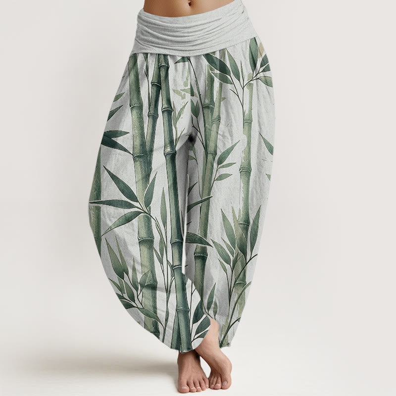 Pantalones harén de algodón puro con estampado de Buddha Stones de bambú para mujer, informales, con cintura elástica - Crema de menta - US22，UK/AU26，EU54 (6XL) - image 0