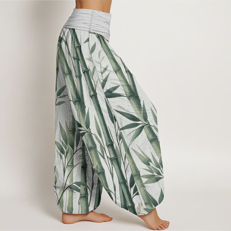 Pantalones harén de algodón puro con estampado de Buddha Stones de bambú para mujer, informales, con cintura elástica