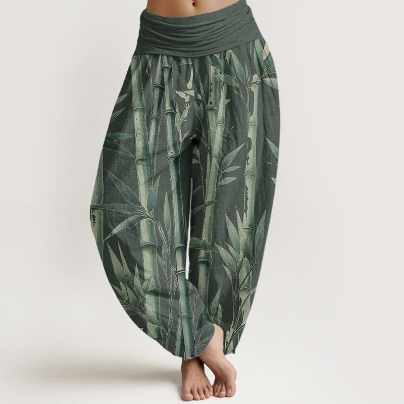 Pantalones harén de algodón puro con estampado de Buddha Stones de bambú para mujer, informales, con cintura elástica