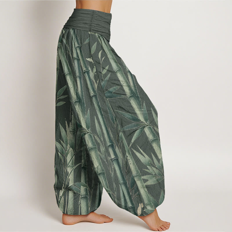Pantalones harén de algodón puro con estampado de Buddha Stones de bambú para mujer, informales, con cintura elástica