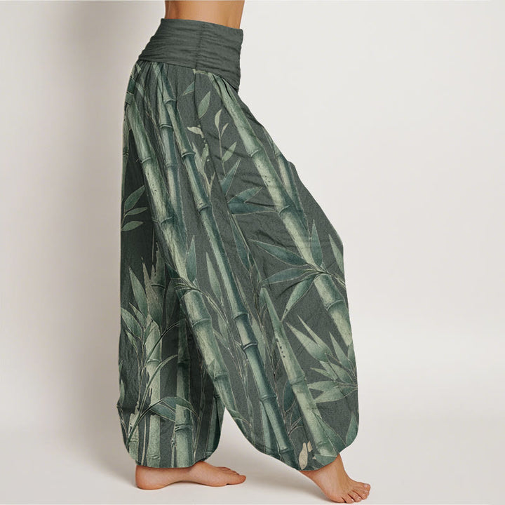 Pantalones harén de algodón puro con estampado de Buddha Stones de bambú para mujer, informales, con cintura elástica