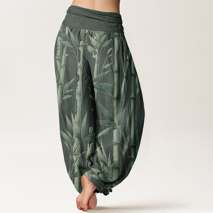 Pantalones harén de algodón puro con estampado de Buddha Stones de bambú para mujer, informales, con cintura elástica