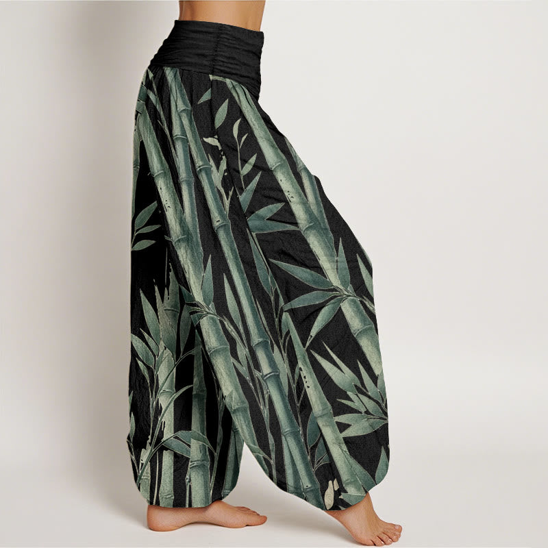 Pantalones harén de algodón puro con estampado de Buddha Stones de bambú para mujer, informales, con cintura elástica
