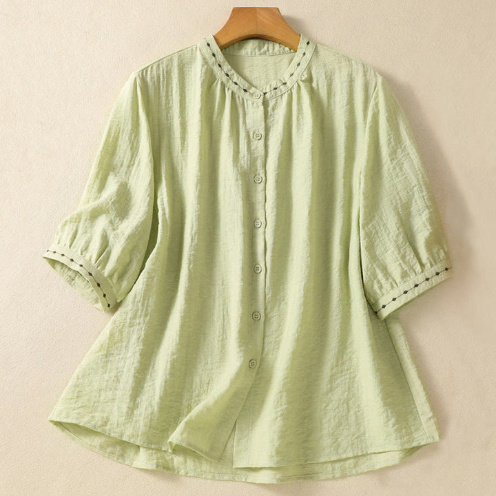 Camisa de cuello redondo para mujer con botones de algodón y diseño bordado de Buddha Stones - Verde claro - US14，UK/AU18，EU46 (2XL) - image 1