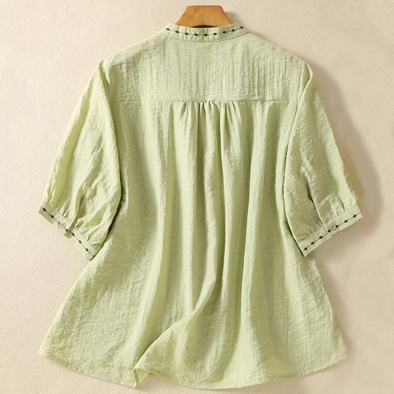 Camisa de cuello redondo para mujer con botones de algodón y diseño bordado de Buddha Stones - image 2