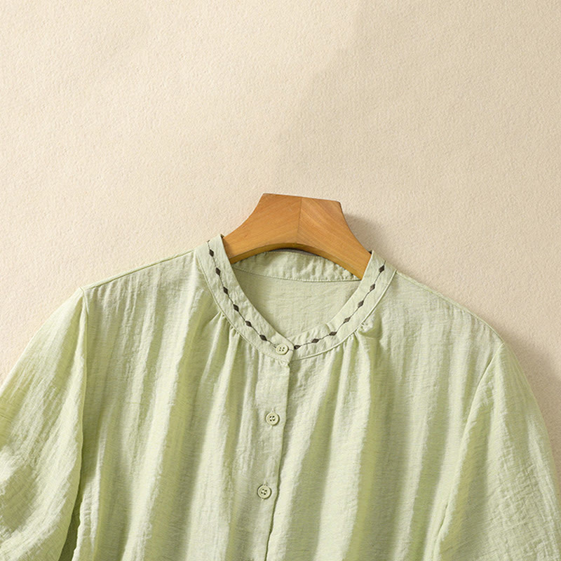 Camisa de cuello redondo para mujer con botones de algodón y diseño bordado de Buddha Stones - image 3