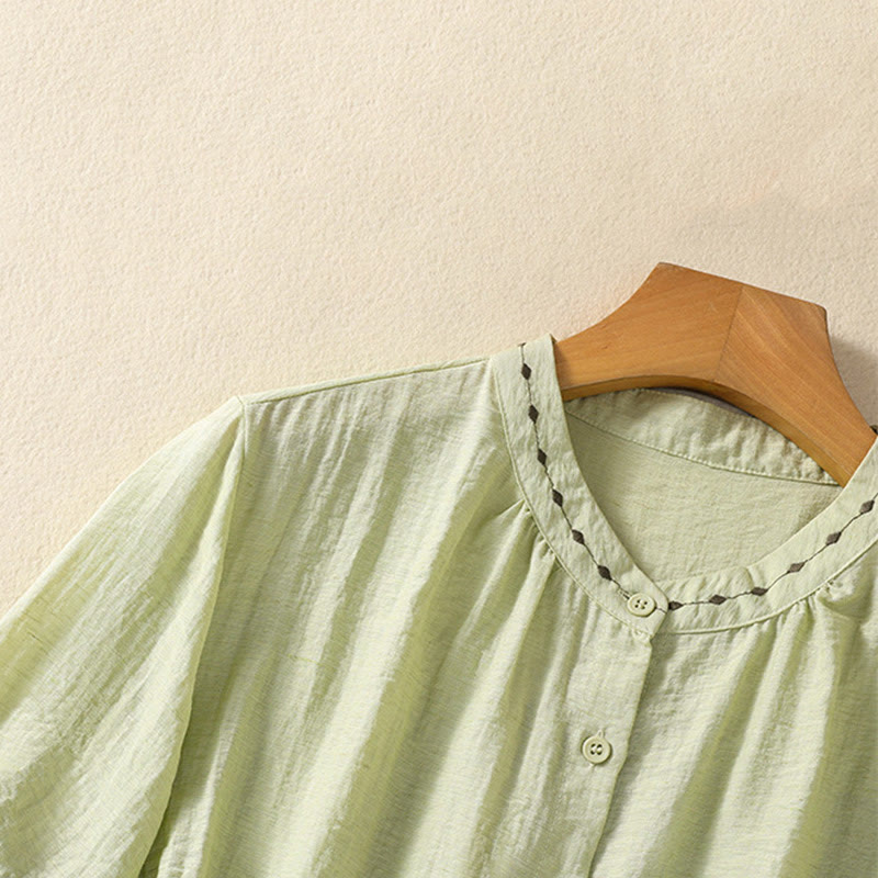 Camisa de cuello redondo para mujer con botones de algodón y diseño bordado de Buddha Stones - image 5
