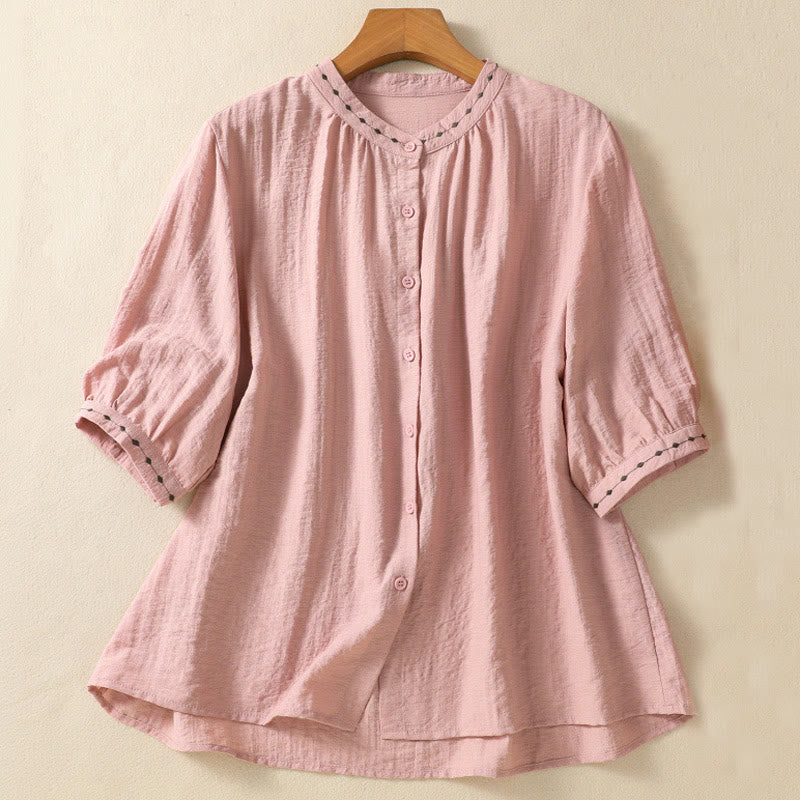 Camisa de cuello redondo para mujer con botones de algodón y diseño bordado de Buddha Stones - Rosa - US14，UK/AU18，EU46 (2XL) - image 10