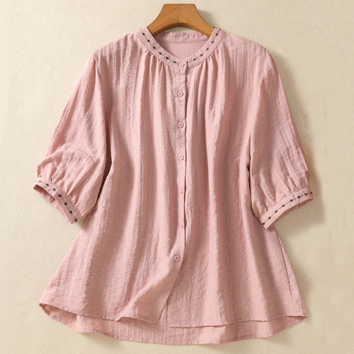 Camisa de cuello redondo para mujer con botones de algodón y diseño bordado de Buddha Stones - Rosa - US14，UK/AU18，EU46 (2XL) - image 10