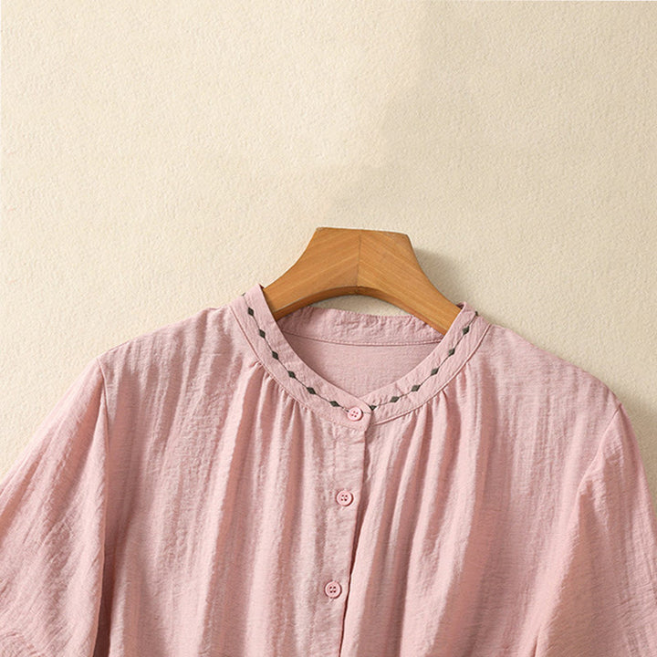 Camisa de cuello redondo para mujer con botones de algodón y diseño bordado de Buddha Stones - image 18