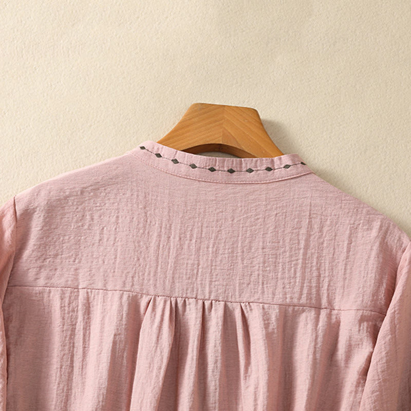 Camisa de cuello redondo para mujer con botones de algodón y diseño bordado de Buddha Stones - image 13