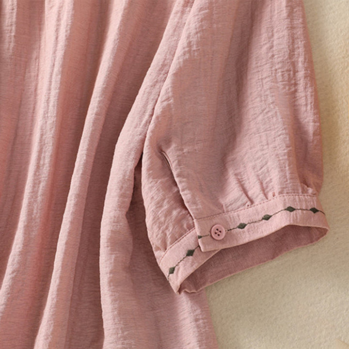 Camisa de cuello redondo para mujer con botones de algodón y diseño bordado de Buddha Stones - image 17