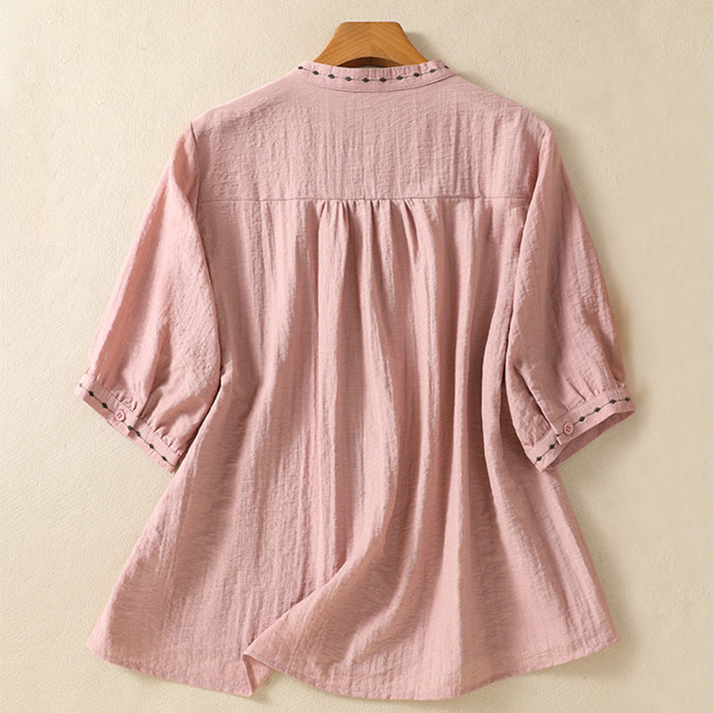 Camisa de cuello redondo para mujer con botones de algodón y diseño bordado de Buddha Stones - image 11