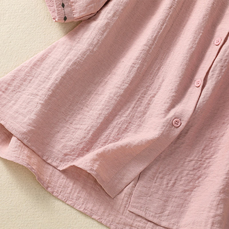 Camisa de cuello redondo para mujer con botones de algodón y diseño bordado de Buddha Stones - image 14