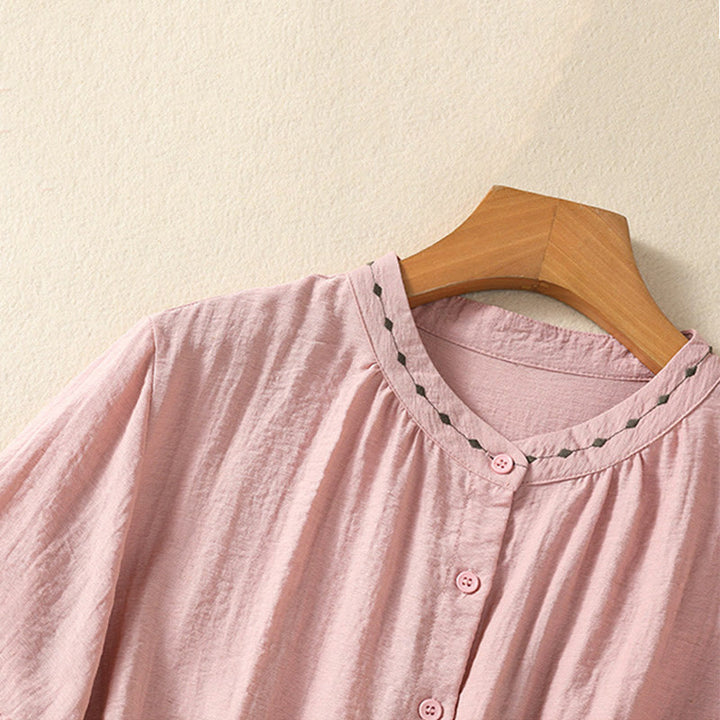 Camisa de cuello redondo para mujer con botones de algodón y diseño bordado de Buddha Stones - image 12