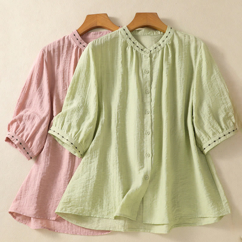 Camisa de cuello redondo para mujer con botones de algodón y diseño bordado de Buddha Stones - image 20