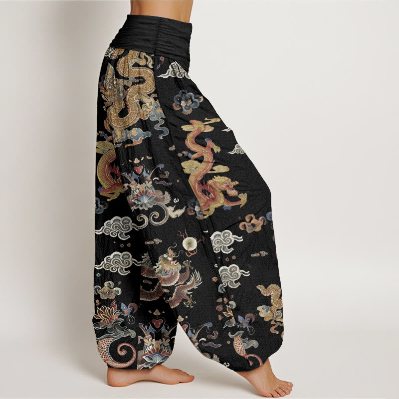 Pantalones Buddha Stones de algodón puro con diseño de dragones dorados y nubes auspiciosas para mujer, con cintura elástica