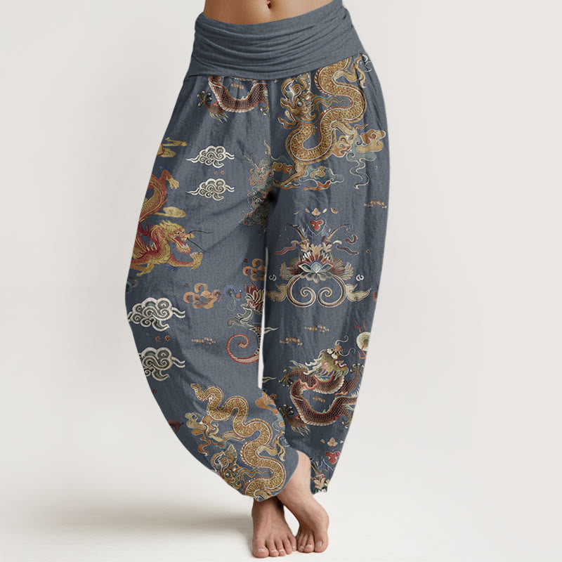 Pantalones Buddha Stones de algodón puro con diseño de dragones dorados y nubes auspiciosas para mujer, con cintura elástica - Azul acero - US22，UK/AU26，EU54 (6XL) - image 6