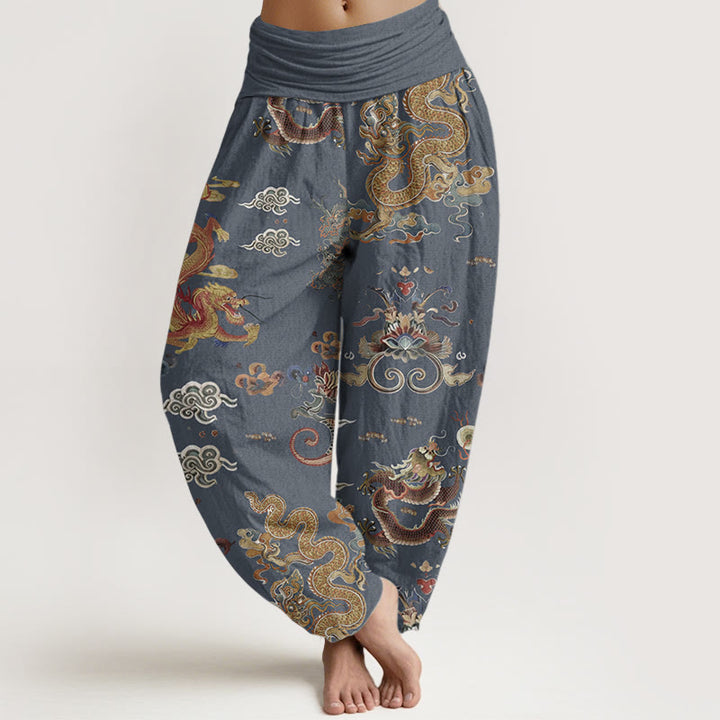 Pantalones Buddha Stones de algodón puro con diseño de dragones dorados y nubes auspiciosas para mujer, con cintura elástica - Azul acero - US22，UK/AU26，EU54 (6XL) - image 6