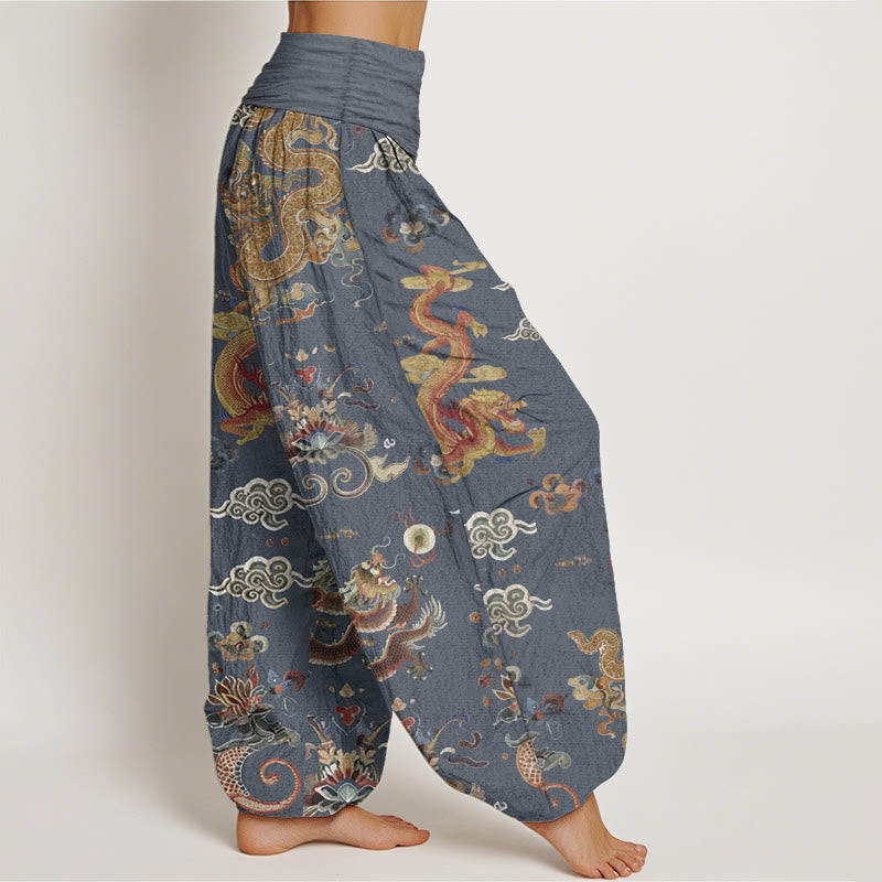 Pantalones Buddha Stones de algodón puro con diseño de dragones dorados y nubes auspiciosas para mujer, con cintura elástica