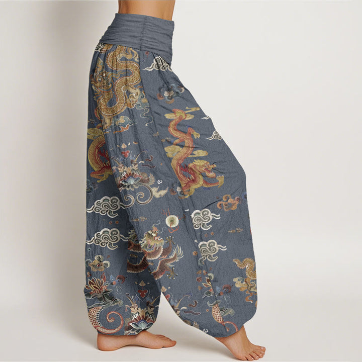 Pantalones Buddha Stones de algodón puro con diseño de dragones dorados y nubes auspiciosas para mujer, con cintura elástica