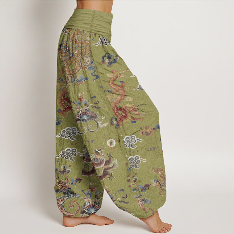 Pantalones Buddha Stones de algodón puro con diseño de dragones dorados y nubes auspiciosas para mujer, con cintura elástica