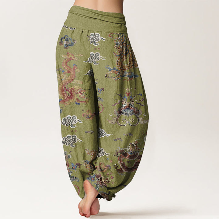 Pantalones Buddha Stones de algodón puro con diseño de dragones dorados y nubes auspiciosas para mujer, con cintura elástica - image 10