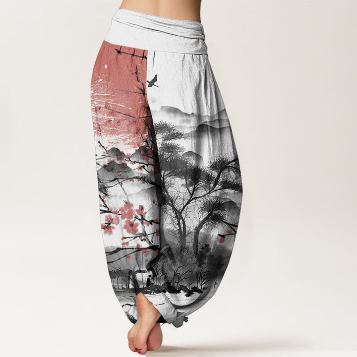 Pantalones Buddha Stones de algodón puro con estampado de flores de ciruelo rojo, montañas y sol, informales, con cintura elástica, para mujer