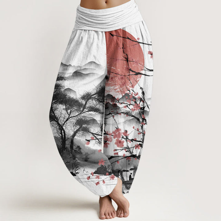 Pantalones Buddha Stones de algodón puro con estampado de flores de ciruelo rojo, montañas y sol, informales, con cintura elástica, para mujer