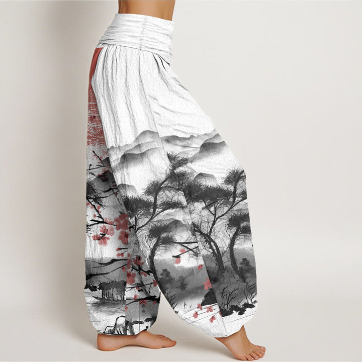 Pantalones Buddha Stones de algodón puro con estampado de flores de ciruelo rojo, montañas y sol, informales, con cintura elástica, para mujer