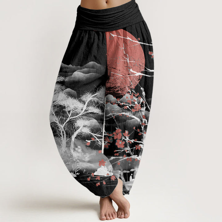 Pantalones Buddha Stones de algodón puro con estampado de flores de ciruelo rojo, montañas y sol, informales, con cintura elástica, para mujer