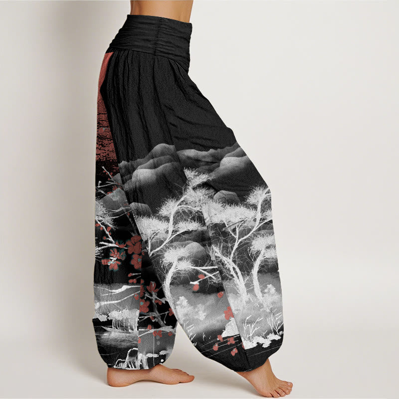Pantalones Buddha Stones de algodón puro con estampado de flores de ciruelo rojo, montañas y sol, informales, con cintura elástica, para mujer
