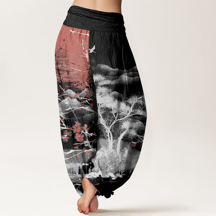 Pantalones Buddha Stones de algodón puro con estampado de flores de ciruelo rojo, montañas y sol, informales, con cintura elástica, para mujer