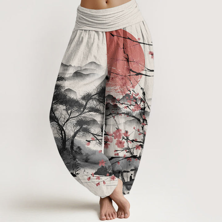 Pantalones Buddha Stones de algodón puro con estampado de flores de ciruelo rojo, montañas y sol, informales, con cintura elástica, para mujer