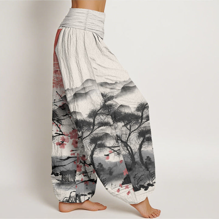 Pantalones Buddha Stones de algodón puro con estampado de flores de ciruelo rojo, montañas y sol, informales, con cintura elástica, para mujer
