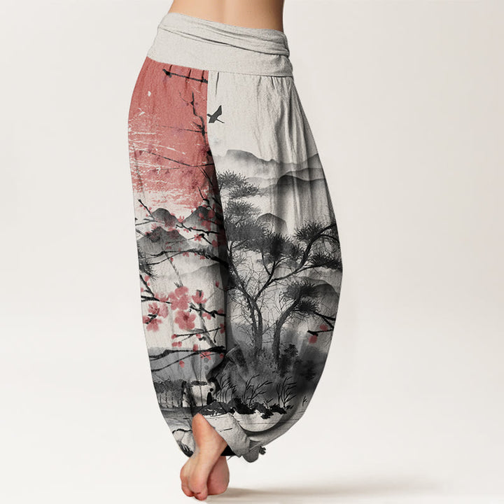 Pantalones Buddha Stones de algodón puro con estampado de flores de ciruelo rojo, montañas y sol, informales, con cintura elástica, para mujer