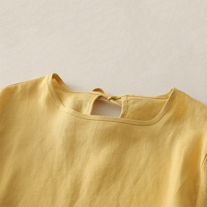 Camiseta informal de poliéster con cuello redondo, volantes y dobladillo con lazo para mujer Buddha Stones - image 2
