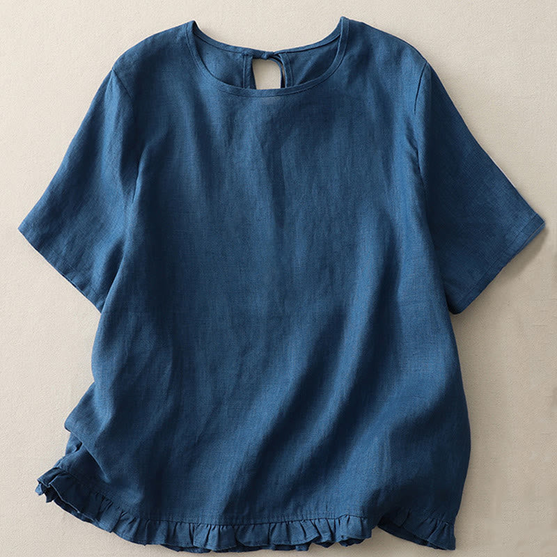 Camiseta informal de poliéster con cuello redondo, volantes y dobladillo con lazo para mujer Buddha Stones - Azul acero - US8-10，UK/AU12-14，EU40-42 (2XL) - image 14