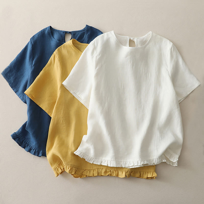 Camiseta informal de poliéster con cuello redondo, volantes y dobladillo con lazo para mujer Buddha Stones - image 17