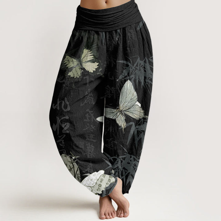 Pantalones harén de algodón puro con diseño de Buddha Stones, hojas de bambú y caracteres chinos para mujer, con cintura elástica