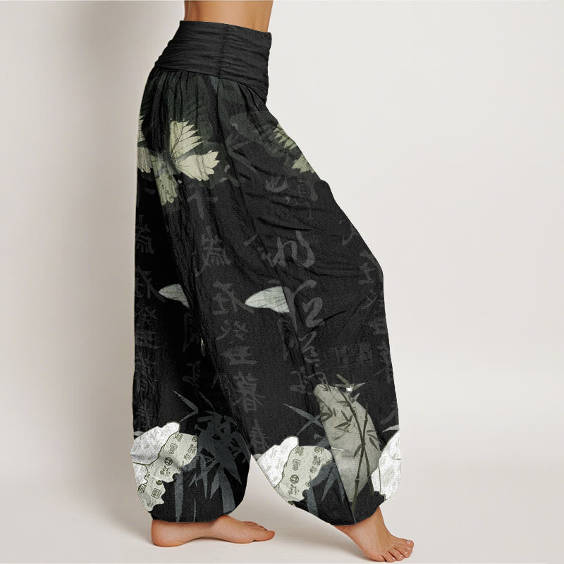 Pantalones harén de algodón puro con diseño de Buddha Stones, hojas de bambú y caracteres chinos para mujer, con cintura elástica