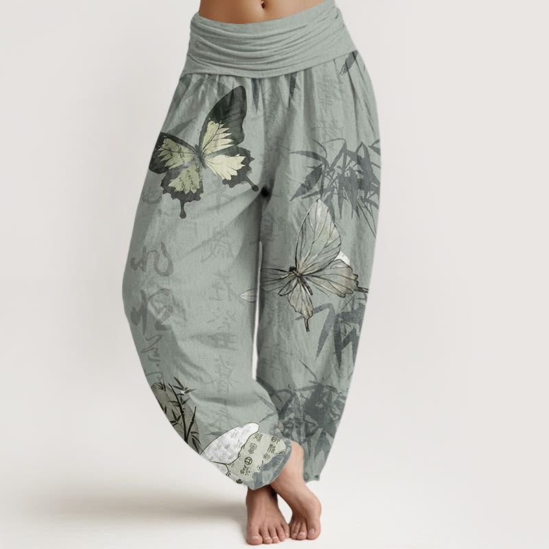 Pantalones harén de algodón puro con diseño de Buddha Stones, hojas de bambú y caracteres chinos para mujer, con cintura elástica