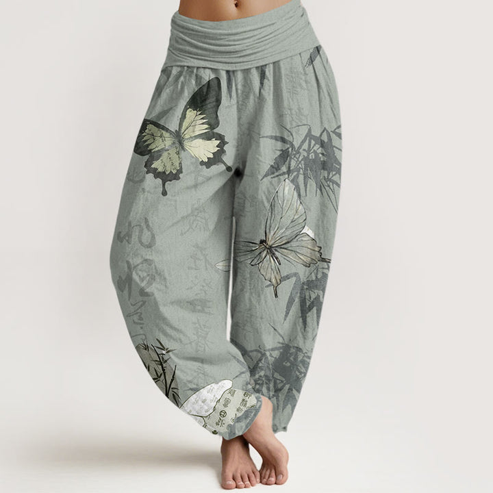 Pantalones harén de algodón puro con diseño de Buddha Stones, hojas de bambú y caracteres chinos para mujer, con cintura elástica