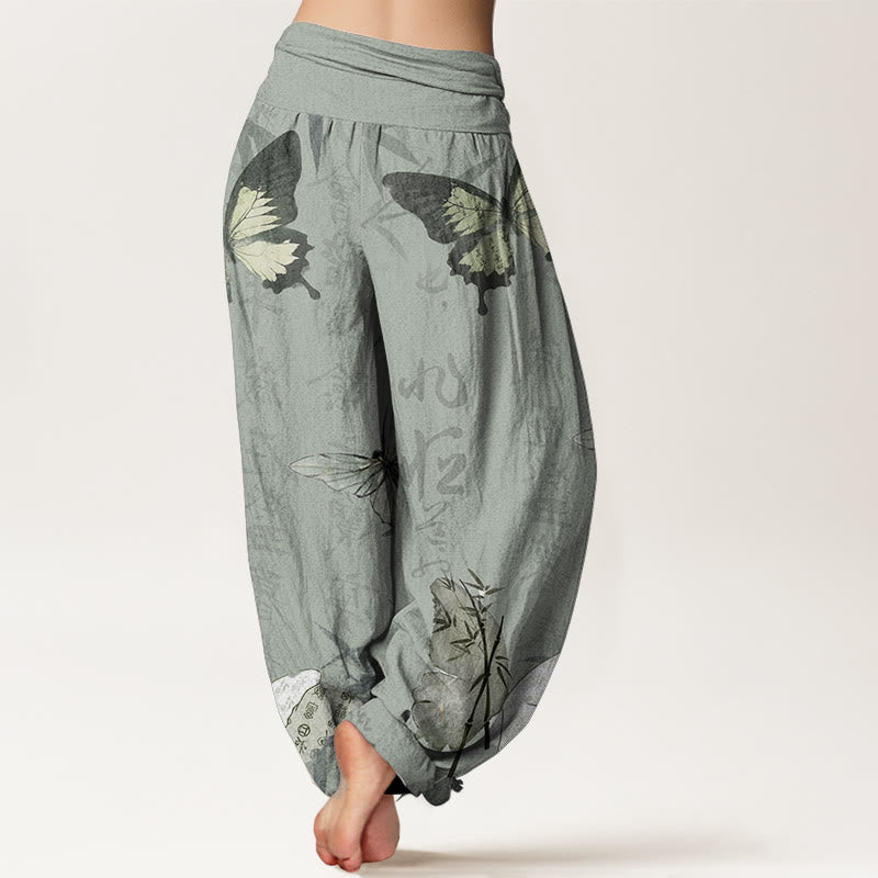 Pantalones harén de algodón puro con diseño de Buddha Stones, hojas de bambú y caracteres chinos para mujer, con cintura elástica