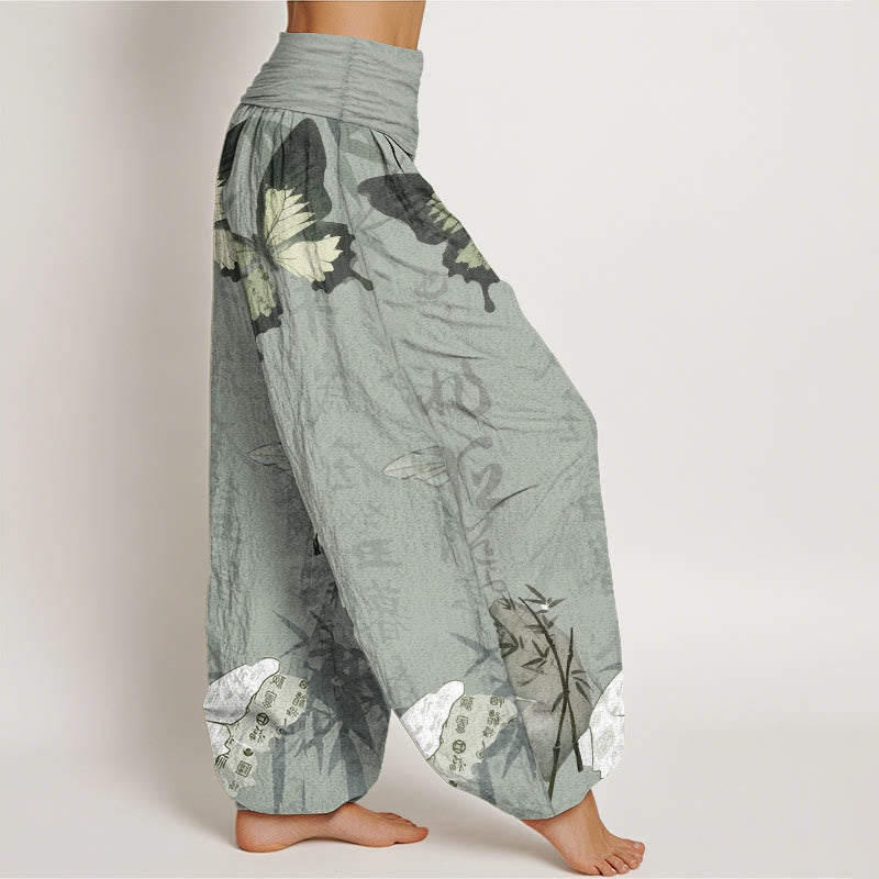 Pantalones harén de algodón puro con diseño de Buddha Stones, hojas de bambú y caracteres chinos para mujer, con cintura elástica
